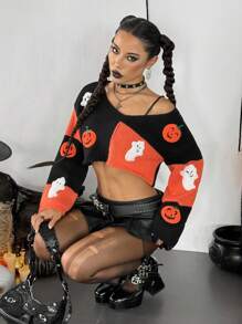 Flirla Halloween Pumpkin & Ghost Pattern Colorblock Women Sweater Fall Winter Cloth For Women - Multicolor - View 5