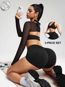 Innovista 3 w 1 damskie niezbędne solidne zestawy sportowe wyrafinowany design ubrania do ćwiczeń stroje sportowe trening oddychający aktywny krótki top biustonosz koszulka z pośladkami spodenki do podnoszenia dół dwuczęściowy codzienna joga kolarz HIIT biuro na kort brunch na siłownię dwuczęściowy wielofunkcyjny sportowy cały dzień elastyczna odzież sportowa jesień praktyczna szykowna, wycięcie na plecach - Czarne - Zobacz 2