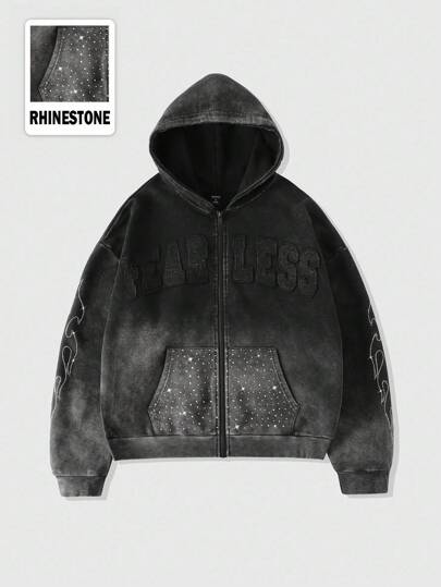 Street Life بلوزة رياضية رجالية مفتوحة مطرزة بالألماس اللامع، بتصميم قصير وفضفاض