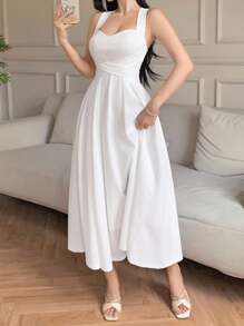 DAZY 优雅无袖系腰中长连衣裙，纯色婚纱礼服，夏季女装 - 白色 - 查看 5