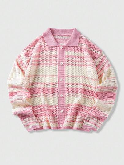 Street Life كارديجان كاجوال بياقة واحدة مزين بخطوط متباينة للرجال