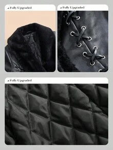 Anewsta جاكيت جلد ناعم أسود مربوط الخصر بياقة فرائية، ملابس خارجية قصيرة عصرية للخريف/الشتاء - الأسود - مشاهدة 9