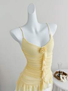 SHEIN Unity Women's Fresh Frilly 3D Floral Ruffle Strap Camisole For Summer - Yellow - View 6