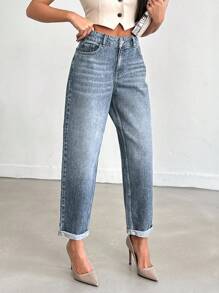 EURMUSE Casual Fashion Versatile Button Minimalist Cuffed Hem Women Jeans - Light Wash - View 7