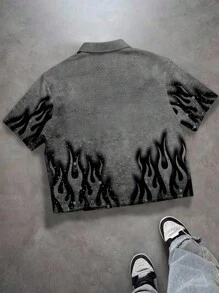 PAVTROS 男士休闲火焰字母印花短袖衬衫，夏季 - 彩色 - 查看 2