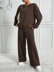 SHEIN Tall 2件組女款極簡街頭風運動套裝，咖啡棕色，秋季休閒居家服，寬鬆圓領衛衣與寬腿運動長褲套裝，適合高個女性 - 咖啡棕 - 查看 7
