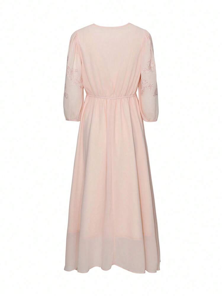 Elegant Lace Ribbon Decor V-Neck Chiffon Dress, Cinched Waist, Rhinestone Embellished, Suitable For Wedding, Party, Spring/Summer/Autumn Dress