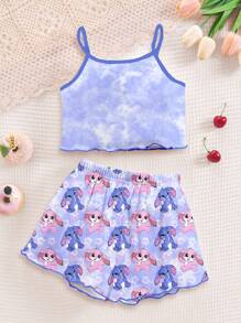 SHEIN 可爱卡通蓝色兔子露露，针迹图案，清新天蓝色扎染，适合夏季的年轻女孩休闲简约吊带背心和短裤睡衣，轻松舒适，休闲装，儿童图案服装，返校 - 彩色 - 查看 2