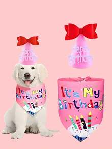 1 bộ đồ trang trí tiệc sinh nhật cho thú cưng, bao gồm băng rôn, mũ, bóng bay hình bàn chân, yếm và nơ, thích hợp cho lễ kỷ niệm - Hồng - Xem 13