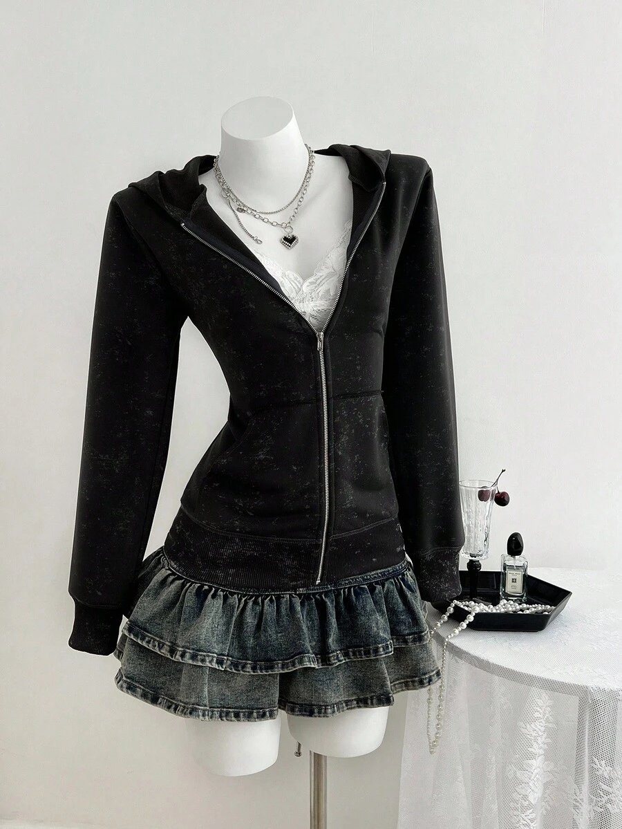 Elamini Women's Casual Acid-Washed Slim Fit Hooded Long Sleeve Sweatshirt Sweatshirt, Autumn Fall Cloth For Women