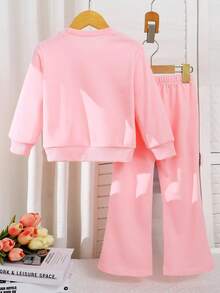 2pcs/Set Young Girl Embroidered Floral Sweatshirt & Flared Pants, Pink Knit Pullover Long Sleeve Top, Autumn, Family Matching Back To School Outfit - Pink - View 2