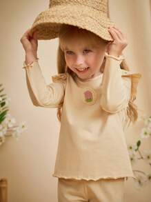 Loomiva Set de 2 piezas: Blusa de manga larga con cuello redondo y volantes con estampado de tulipanes de punto suave y pantalón de cintura elástica para niñas, en beige/albaricoque - Caqui - Ver 4