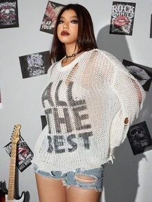 Whyspr Casual Punk Halloween Women's Hollow Out Knitted Ripped Crew Neck Loose Long Sleeve Sweater, Autumn Fall Winter Cloth For Women - Apricot - View 4