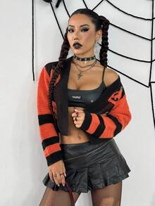 SHEIN Unity Cardigan corto casual da donna in stile urban, con grafica a blocchi di colore a tema Ognissanti con zucche e teschi, adatto per l'autunno - Multicolore - Visualizzare 7