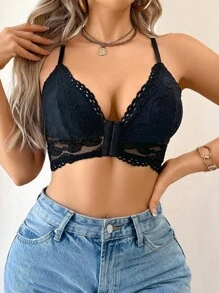 LustreForm 1 件性感蕾丝前扣女士无钢圈文胸 - 黑色 - 查看 6
