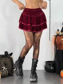 SHEIN Unity Halloween Women's Casual Fashion Burgundy Velvet Ruffle Patchwork Double-Layer Asymmetric Hem Mini Skirt, Autumn - Burgundy - View 4