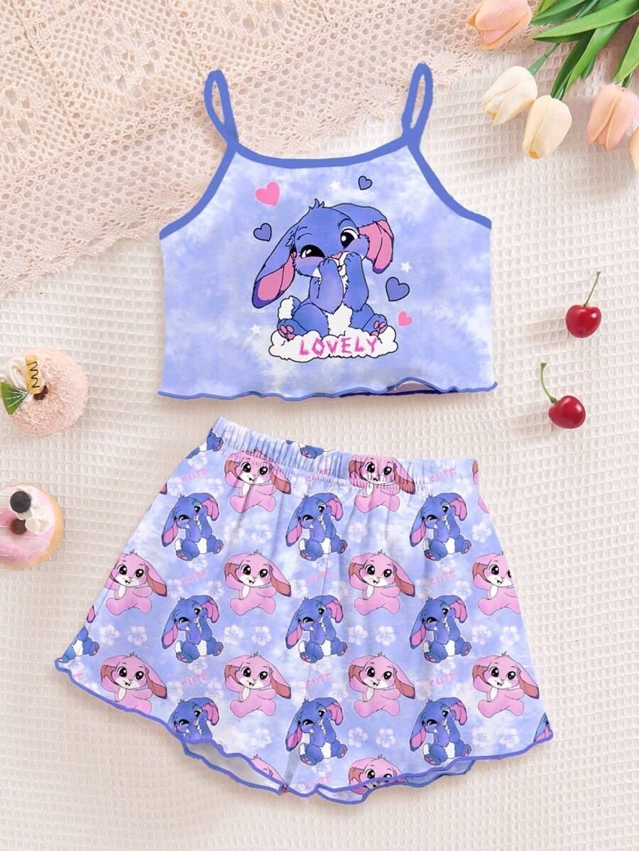 SHEIN 可爱卡通蓝色兔子露露，针迹图案，清新天蓝色扎染，适合夏季的年轻女孩休闲简约吊带背心和短裤睡衣，轻松舒适，休闲装，儿童图案服装，返校 - 彩色 - 查看 1