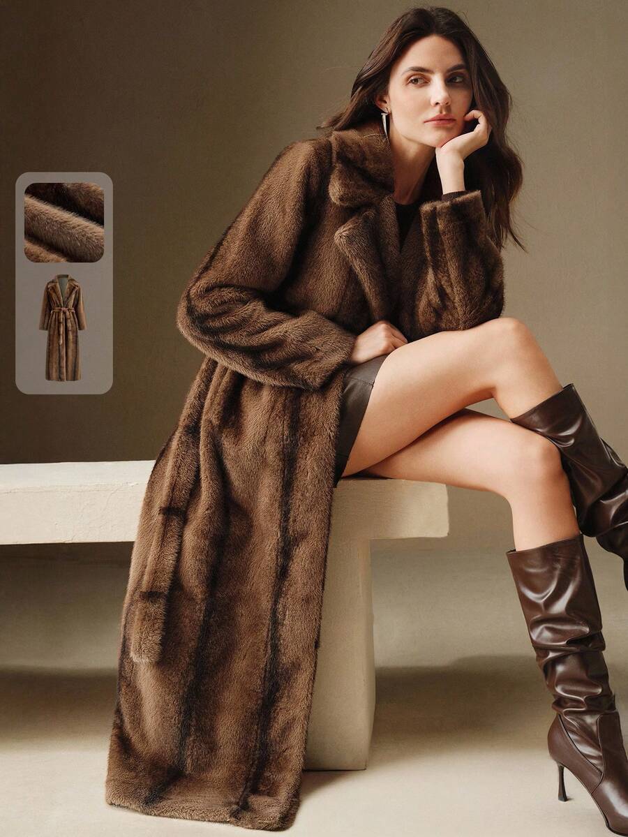 Anewsta 女士优雅翻领双色仿皮草束腰长款冬季外套 - 棕色 - 查看 1