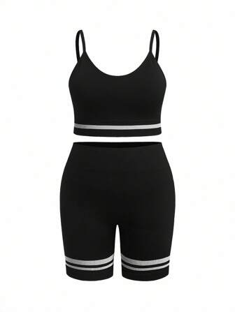 SHEIN Sports Plus Size Women Sexy Camisole Bra And Shorts Seamless Sports Set