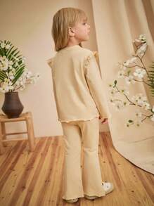 Loomiva Set de 2 piezas: Blusa de manga larga con cuello redondo y volantes con estampado de tulipanes de punto suave y pantalón de cintura elástica para niñas, en beige/albaricoque - Caqui - Ver 2