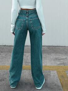 EURMUSE Damen Lässig Mode vielseitige einfache gerade Knopfleisten Jeans - Taubenblau - Übersicht 2