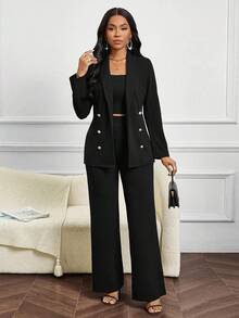 SHEIN Lady 四季婚礼宾客女士背心、西装和西装裤教堂服装酒红色女士西装套装 - 黑色 - 查看 4