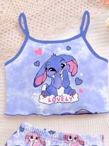 SHEIN 可爱卡通蓝色兔子露露，针迹图案，清新天蓝色扎染，适合夏季的年轻女孩休闲简约吊带背心和短裤睡衣，轻松舒适，休闲装，儿童图案服装，返校 - 彩色 - 查看 3