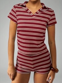 MISSGUIDED Striped Collared Knit Two Piece Shorts Set Vacation Loungewear Retro Style Cropped Top High Waist Bottoms Casual Summer Spring Fall Outfit Christmas - Burgundy - View 5