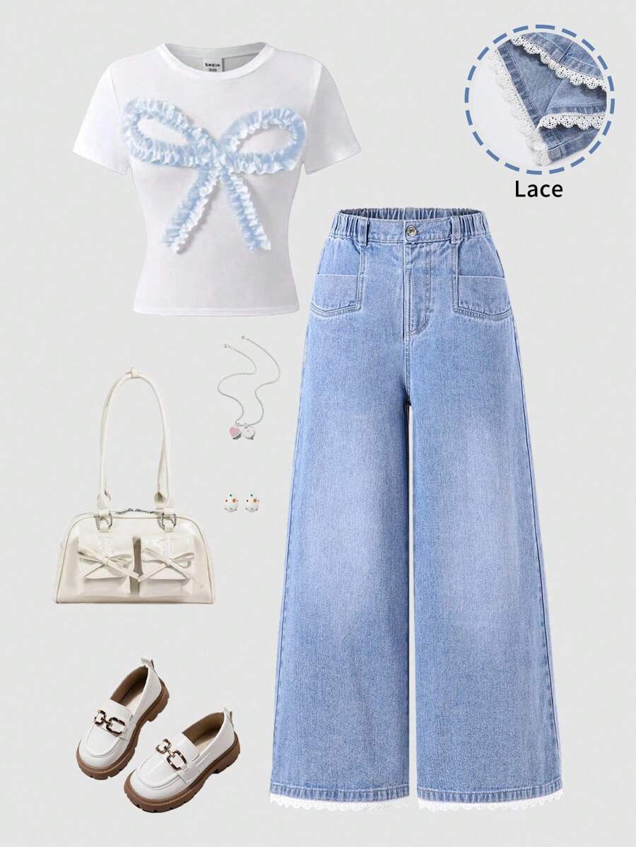 Tween Girl 水洗蓝阔腿牛仔裤,休闲时尚的学院风,推荐日常穿着 - 淺色水洗藍 - 查看 1