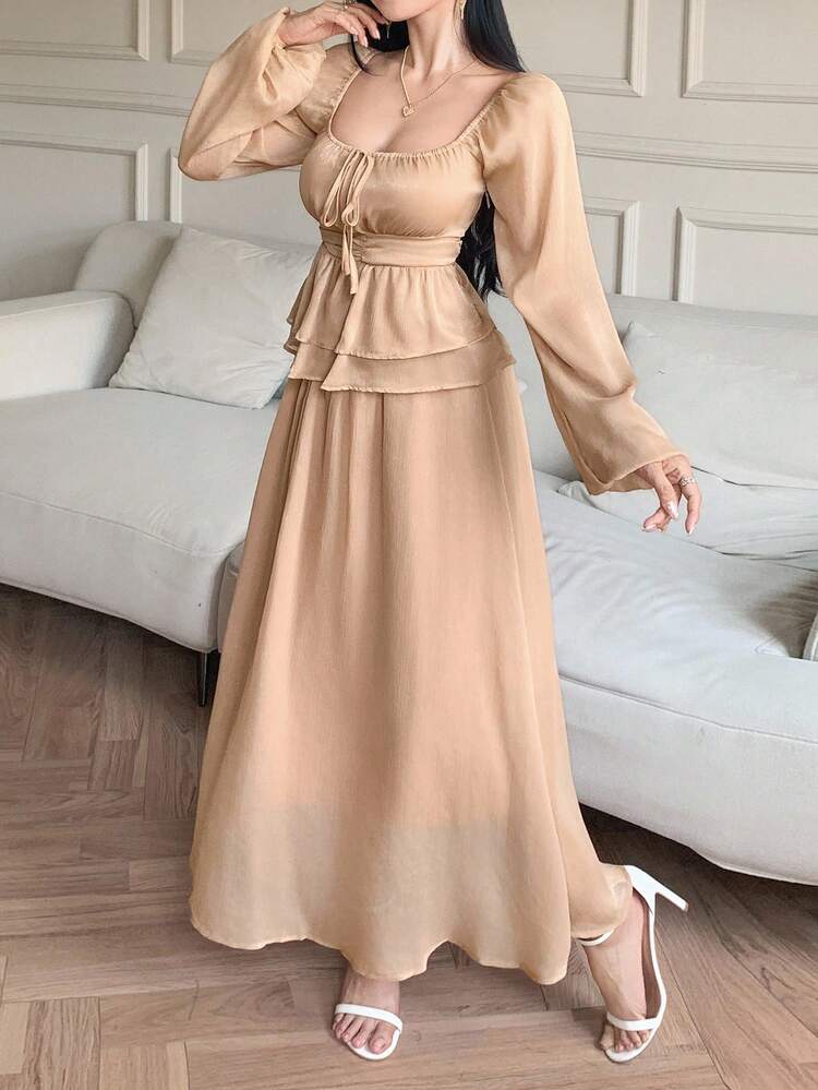 2pcs Women Solid Color Boat Neck Lantern Sleeve Tie-Up Blouse And Skirt Set,Fall Women Clothes Modest Fashion