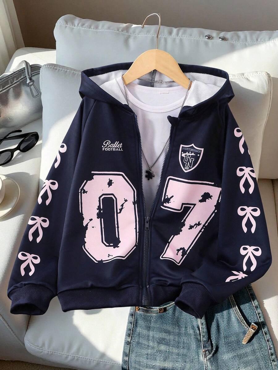 SHEIN Tween Girls Casual Sports Jacket, Number & Bow Graphic, Hooded Zip-Up Sweatshirt Sweatshirt Girls Zip Up Hoodie Kids Zip Up Hoodies Fall Winter - Navy Blue - View 1