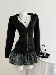 Elamini Women's Casual Acid-Washed Slim Fit Hooded Long Sleeve Sweatshirt Sweatshirt, Autumn Fall Cloth For Women