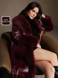 Anewsta Burgundy Shiny Leather Fitted Long Coat With Detachable Fur Collar, Fashion New Style For Autumn/Winter