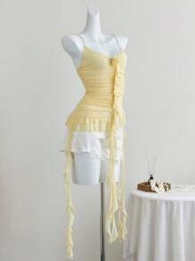SHEIN Unity Women's Fresh Frilly 3D Floral Ruffle Strap Camisole For Summer - Yellow - View 1