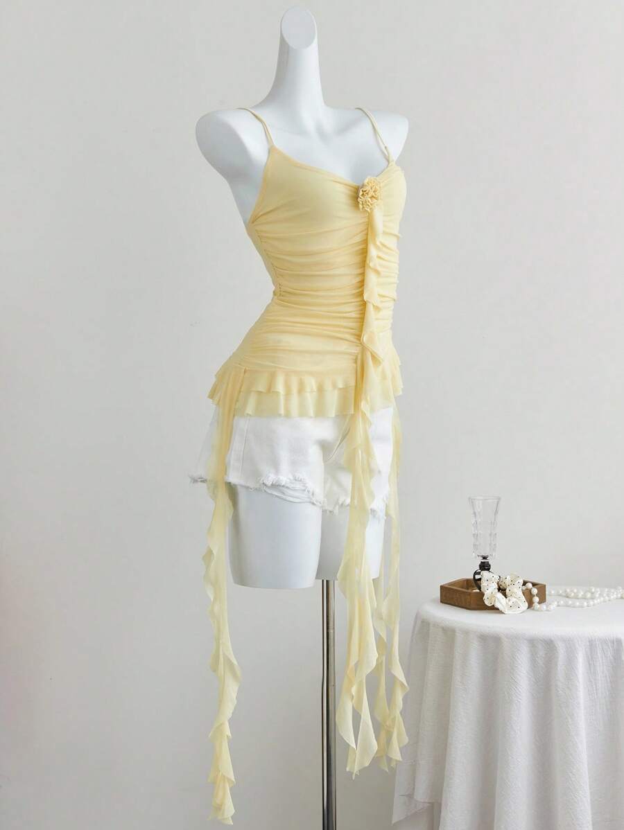 SHEIN Unity Women's Fresh Frilly 3D Floral Ruffle Strap Camisole For Summer - Yellow - View 1