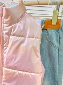 Tween Girl Holographic Zip-Up Puffer Vest Jacket,Pink Autumn Cute School Style,Lightweight Warm Down Material Color-Blocked Dazzling Outerwear - Baby Pink - View 5