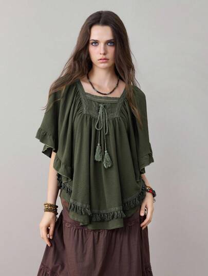 Damen Vintage Stil Leinen Bluse, Herbst