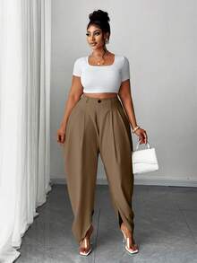 大码时尚褶裥杏色口袋长裤 - 摩卡棕 - 查看 6