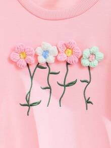 2pcs/Set Young Girl Embroidered Floral Sweatshirt & Flared Pants, Pink Knit Pullover Long Sleeve Top, Autumn, Family Matching Back To School Outfit - Pink - View 5