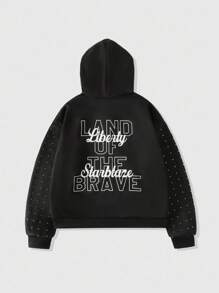 ROMWE MEN Street Life Men's Sparkling Rhinestone Diamond Letter Print Hoodie Sweatshirt, Loose Fit - Black - View 2