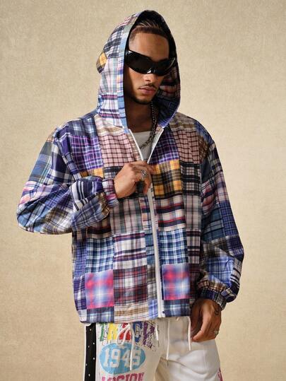 Street Life معطف رجالي بقلنسوة مربعات، قياس فضفاض، خريف