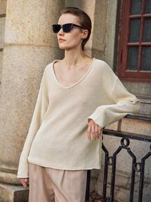 Lumivelle Ropa casual de negocios para mujer en otoño, suéter holgado de cuello en V, suéter de punto de otoño temprano, otoño e invierno - Caqui - Ver 1