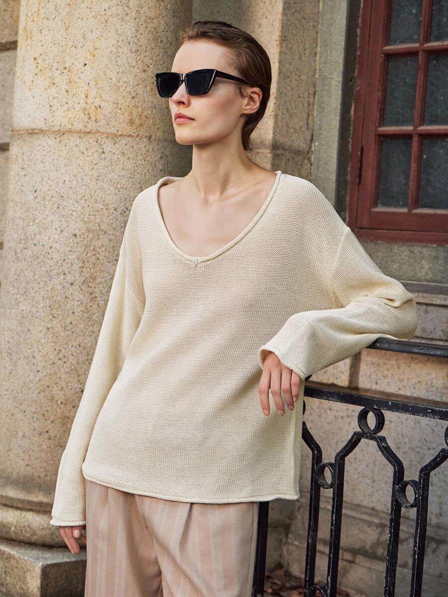 Lumivelle Ropa casual de negocios para mujer en otoño, suéter holgado de cuello en V, suéter de punto de otoño temprano, otoño e invierno - Caqui - Ver 1