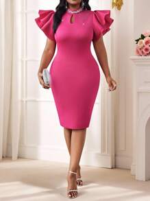 Fleurora Große Größen Damen einfarbiges körperbetontes elegantes Rüschenärmel Kleid mit Strass-Verzierung, Hochzeitsgast-Kleid, Elegante Kleider für Frauen, Festivaloutfits für Frauen, Partykleider für Frauen - Heißes Pink - Übersicht 3
