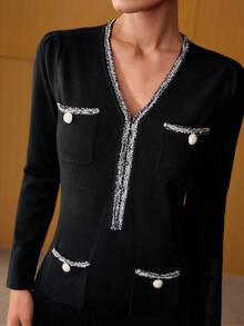 MOTF PREMIUM 对比色斜裁毛衣裙 - 黑色 - 查看 5