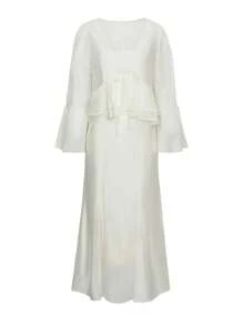DAZY Completo da 2 pezzi composto da blusa in chiffon semplice e casual con laccetti e volant, e gonna a sirena aderente, adatto per matrimoni, lauree, feste, abbigliamento autunnale da donna - Beige - Visualizzare 7