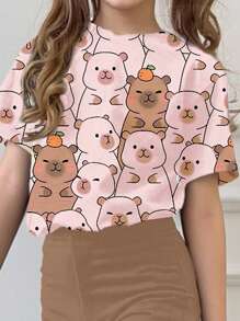 SHEIN 2pcs Young Girl Cute Capybara Cartoon Animal Print Casual Minimalist Cartoon Pattern Round Neck Short Sleeve Top And Flare Pants Set, Suitable For Summer - Multicolor - View 3