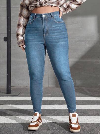 EURMUSE Plus Size Casual Washed High Waist Slim Fit Jeans