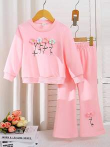 2pcs/Set Young Girl Embroidered Floral Sweatshirt & Flared Pants, Pink Knit Pullover Long Sleeve Top, Autumn, Family Matching Back To School Outfit - Pink - View 1