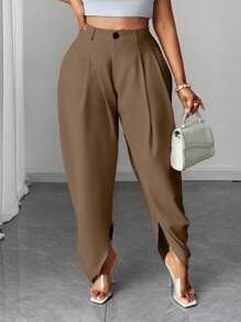 大码时尚褶裥杏色口袋长裤 - 摩卡棕 - 查看 3